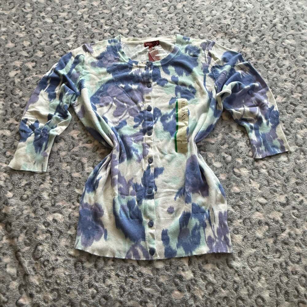 Merona Blue Floral Watercolor Print Button Front Cardigan Sweater Medium New wit